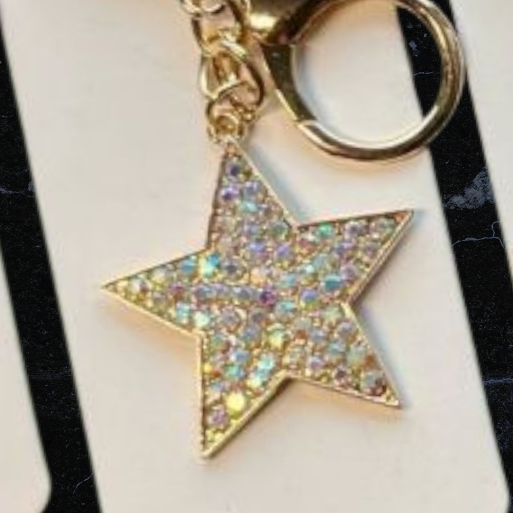 NWT CLEAR AB Rhinestone STAR Gold tone Bag Charm Keychain Keys House Patriotic